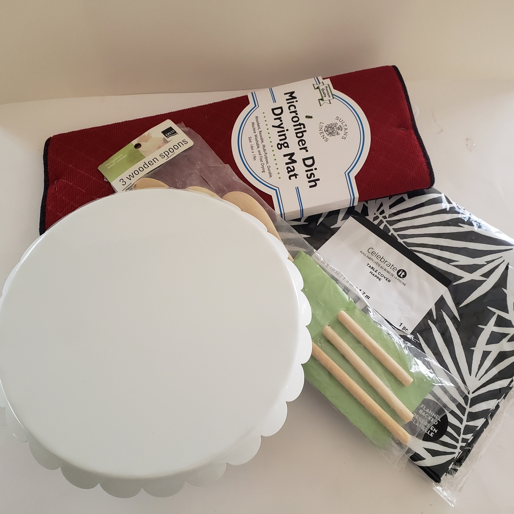 Kitchen Bundle Microfiber Dish Drying Mat, Cake Stand, Spoons, Tablecloth NWT